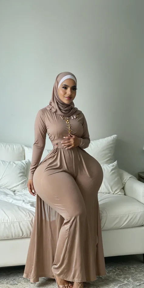 An attractive sundanese old woman 55 years old with granny skins, small hands, incredible huge breast, narrow waist, wide hips, giant ass, long legs, giant thighs, big calfs, small feet, symmetricaly body shape. she completely in a long dress hijab styles ...