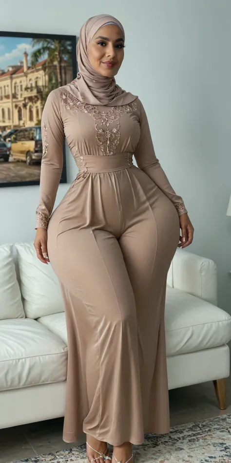 An attractive sundanese old woman 55 years old with granny skins, small hands, incredible huge breast, narrow waist, wide hips, giant ass, long legs, giant thighs, big calfs, small feet, symmetricaly body shape. she completely in a long dress hijab styles ...