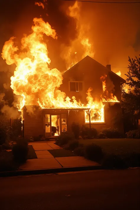 A small home in a residential neighborhood is completely engulfed in flames. There are no people anywhere. Suddenly there is a great explosion, and a sky full of smoke. Realistic housefire, realistic-looking flames. Multiple views, perspectives- close up...