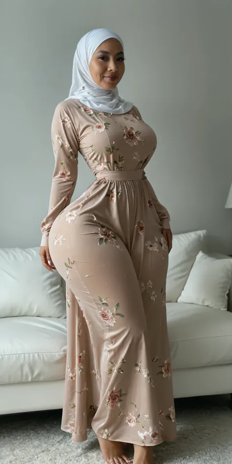 An attractive asian old woman 55 years old with Asian granny skins, small head, small hands, incredible huge breast, narrow waist, wide hips, giant ass, long legs, giant thighs, big calfs, small feet, symmetricaly body shape. she completely in a floral loo...