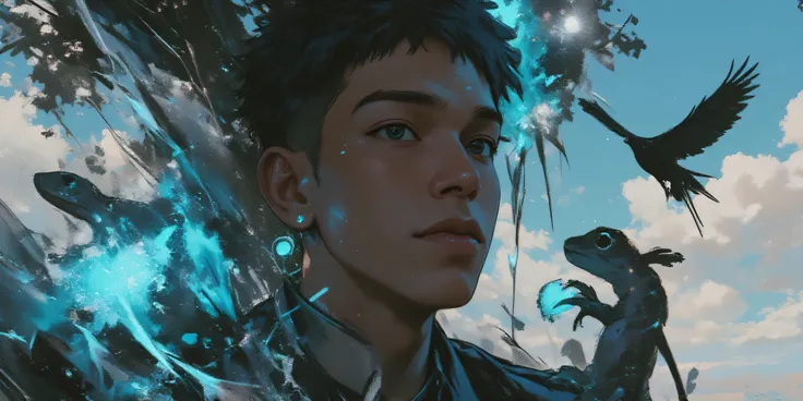 HOMEM LATINO AMERICANO, NEGRO DE PELE PARDA, surrounded by glowing orbs of azul and cinza energy, guindastes flying around him, e símbolos abstratos como lagartos e formas geométricas. sua expressão é profunda, introspectivos — representando “O mundo inter...