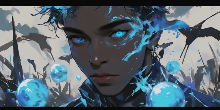 HOMEM LATINO AMERICANO, NEGRO DE PELE PARDA, surrounded by glowing orbs of azul and cinza energy, guindastes flying around him, e símbolos abstratos como lagartos e formas geométricas. sua expressão é profunda, introspectivos — representando “O mundo inter...