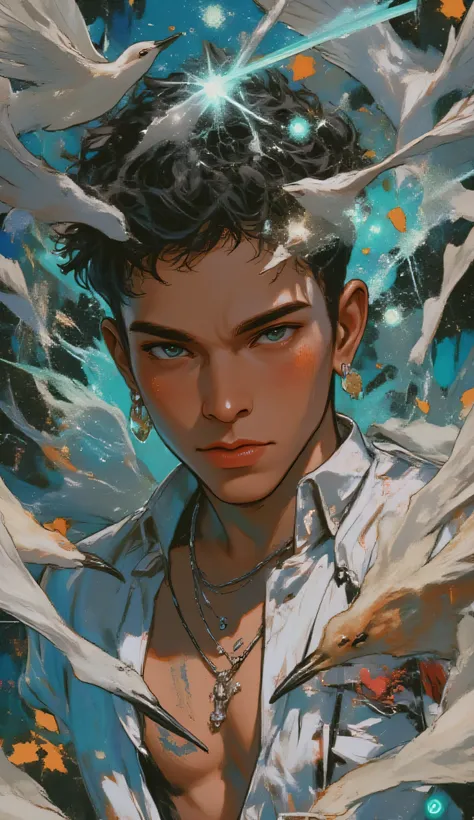 HOMEM LATINO AMERICANO, NEGRO DE PELE PARDA, surrounded by glowing orbs of azul and cinza energy, guindastes flying around him, e símbolos abstratos como lagartos e formas geométricas. sua expressão é profunda, introspectivos — representando “O mundo inter...