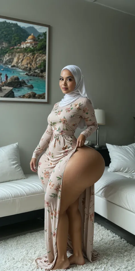 An attractive asian old woman 55 years old with Asian granny skins, small head, small hands, incredible huge breast, narrow waist, wide hips, giant ass, long legs, giant thighs, big calfs, small feet, symmetricaly body shape. she completely in a floral loo...