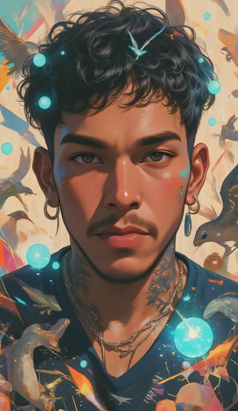 HOMEM LATINO AMERICANO, NEGRO DE PELE PARDA, surrounded by glowing orbs of azul and cinza energy, guindastes flying around him, e símbolos abstratos como lagartos e formas geométricas. sua expressão é profunda, introspectivos — representando “O mundo inter...