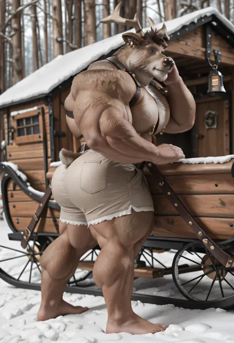score _9, score _8_Up, score _7_Up, masterpiece, best quality, amazing quality, high quality, RAW photo, (Photorealistic Style), full body, (Perfectly Correct Anatomy). (furry), 1boy, (Huge Adult Male muscular bara Cervine Reindeer Doplh from Fortnite), (B...