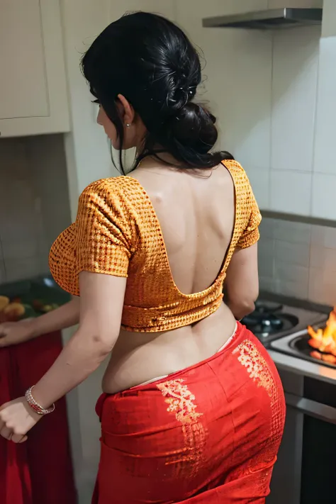 A mature Indian woman, extremely chubby figure, fatty woman, gigantic breasts, inside a kitchen, standing infront of a kitchen gas stove, cooking on the gas stove, cooking curry, a pan on the gas stove, modern kitchen interior, professional lighting, gradi...