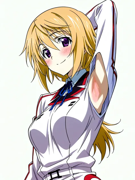 masterpiece, best quality, amazing quality, anime screencap, anime coloring, 1girl, solo, charlotte dunois, infinite stratos, blonde hair, purple eyes, infinite stratos academy school uniform, (sleeves:1.2), armpit cutout, exposed armpit, arm behind head, ...