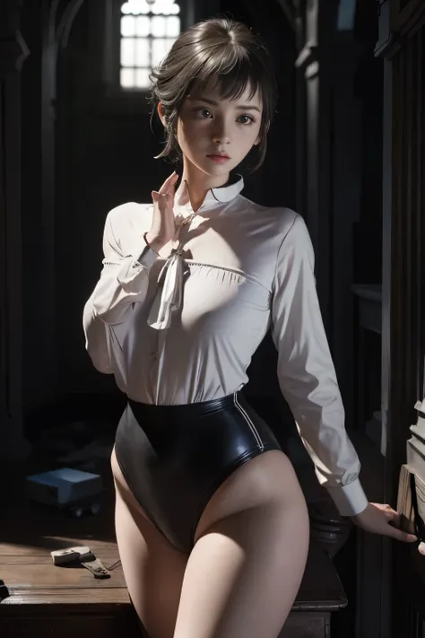 (masterpiece, highest quality), 1 girl, beautiful face, beautiful body,  wearing a Black gymnastics bloomers, High leg、white blouse,    cowboy shot、Are standing、full body portrait、alone, complex details, enlarged textures, complex details, finely detailed ...