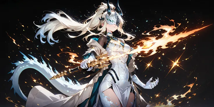 Alone, 1 girl, white energy hair, hairstyle like Reed the Flame Shadow from Arknights, tied in a long ponytail, eyes covered by a silver mask with the same design as the Ice Queen's mask from Return of the Frozen Player, perfect, student, young character, ...