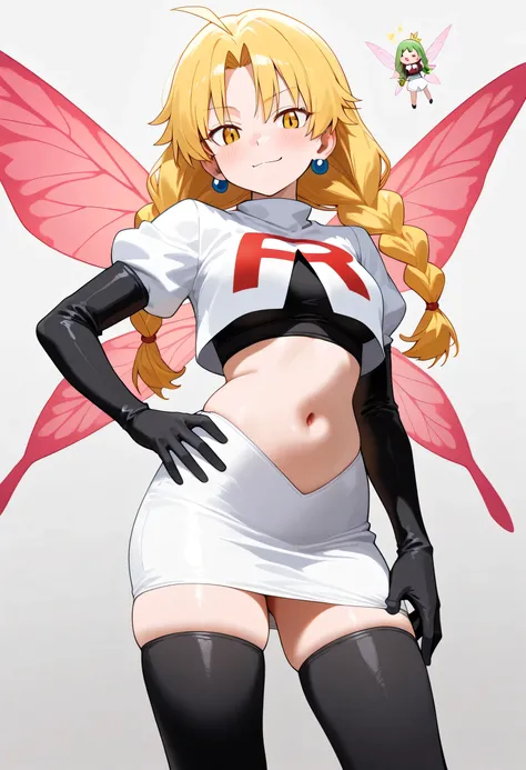 (masterpiece) ,best quality,amazing quality,very aesthetic,absurdes,most recent, Ramiris (that day, I reincarnated as Slime), Team Rocket ,Team Rocket uniform,jupe blanche,lettre rouge R,haut court,bottes hautes noires jusqu'aux cuisses,gants de coude noi...