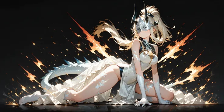 Alone, 1 girl, white energy hair, hairstyle like Reed the Flame Shadow from Arknights, tied in a long ponytail, eyes covered by a silver mask with the same design as the Ice Queen's mask from Return of the Frozen Player, perfect, student, young character, ...