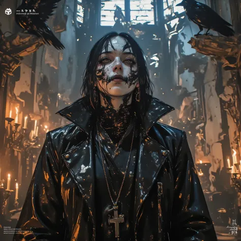 hyperrealistic close-up portrait of The Crow, pale skin, haunting black and white makeup forming a crow mask pattern, black long hair wet and disheveled, deep sorrowful eyes reflecting candlelight, wearing a worn black leather coat and dark shirt with meta...