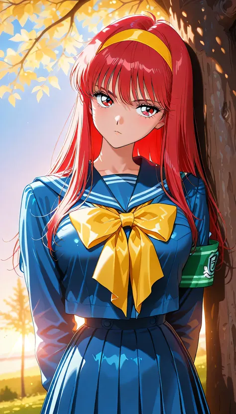 Straight Hair,Long Hair,Shiny light red hair color,(blue sailor suit:1.5),Yellow headband,The large ribbon on the front of the sailor suit is yellow.,(blue pleated skirt:1.5),(beautiful girl: 1.3),Highest quality,8k,Highly detailed CG unit wallpaper,master...