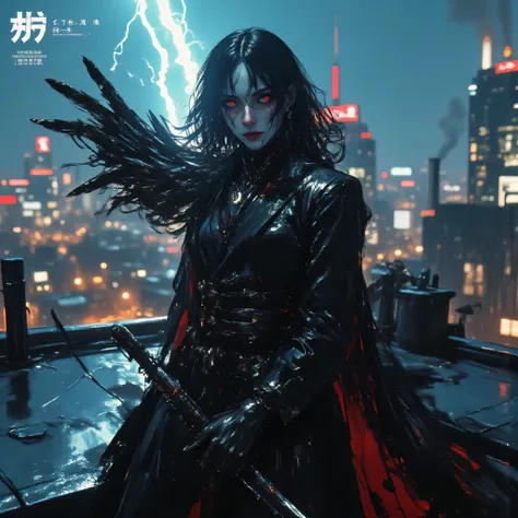 a hyperrealistic cinematic portrait of The Crow, gothic antihero with long black hair soaked in rain, pale face with black makeup resembling a crow mask, piercing eyes full of sorrow and vengeance, standing on a dark rooftop overlooking a futuristic, rainy...