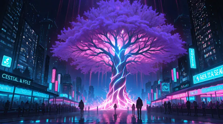 A breathtaking, futuristic city park at night featuring a colossal, glowing tree with cascading lights and luminescent leaves. The tree radiates shades of violet, pink, and blue, illuminating the surroundings like a celestial phenomenon. Couples and people...