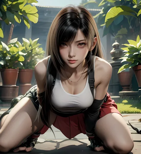 Tifa Lockhart total limb Normal finger tifaの衣装 FFVII Characters=tifa Tifa costume+Leotard tifaの髪型 long black hair とてもsmall nose beautiful girl who lost tifaの服装 White Short Tank Top black suspenders small nose beautiful girl who lost Shame Blush exposing...