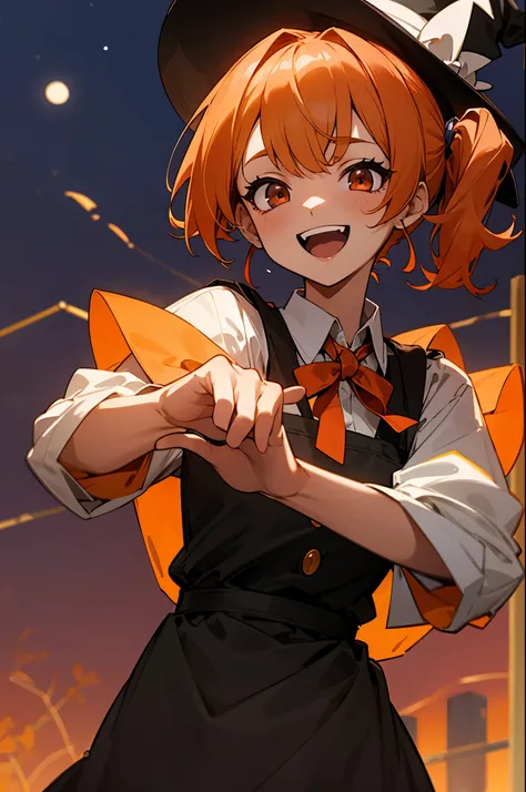 halloween Monster Pretty Girl、orange hair、side ponytail、Red round eyes、witch hat、apron dress、Laugh brightly、Dance energetically、upper body close-up、Orange and purple tones、moonnight outside Background、