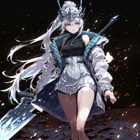 Alone, 1 girl, solitary female character, a young teenager about 1.5 meters tall. She stands alone against a deep black background, making her stand out vividly. Her physique and height are exactly like Terakomari Gandesblood from The Vexations of a Shut-I...