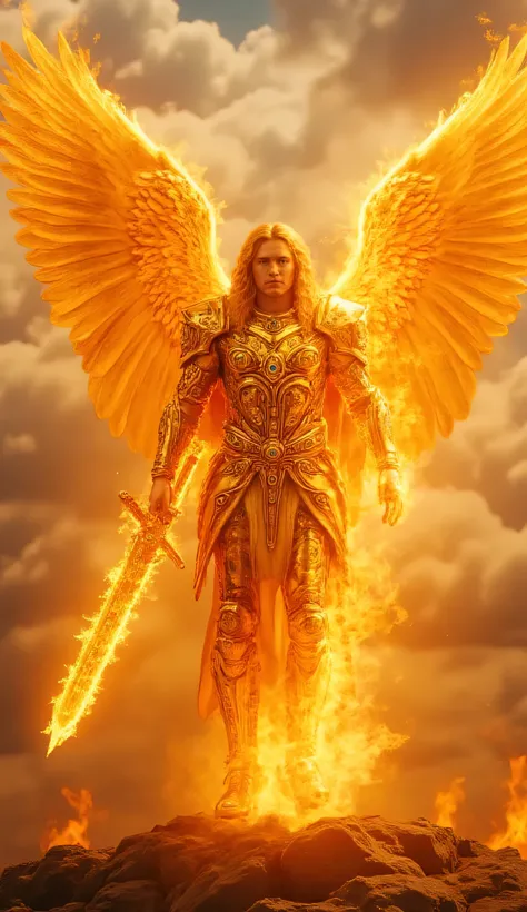 
"Archangel Michael stands as a divine warrior, engulfed in celestial fire that radiates from his entire being. His golden armor, intricately engraved with sacred symbols, glows as flames dance across its surface, reflecting a mix of fiery oranges, reds, a...