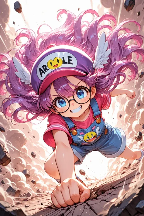 solo, 1girl with glasses and hat, close up of arale, facing downward, smiling brightly, punching the ground beneath her with immense force, huge cracks spreading across the ground, dust and debris flying, flowing hair and clothes, 
