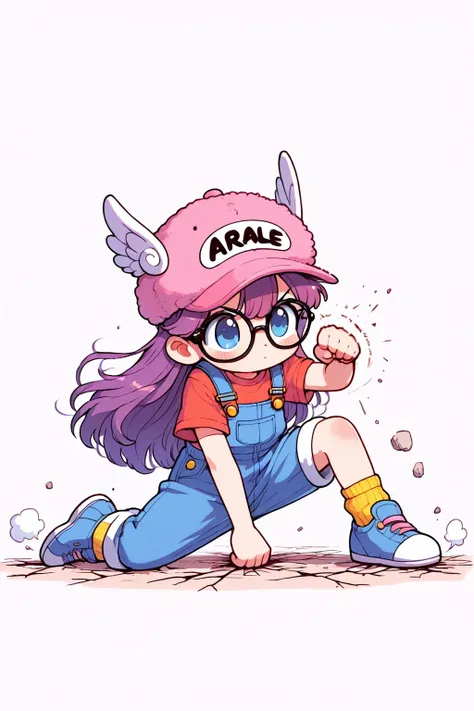 solo, 1girl, norimaki arale, one knee on ground, facing downward, punching one fist into the ground, ground with large cracks

purple hair, long hair, black-framed eyewear, pink hat, winged hat, red shirt, blue overalls, yellow socks, blue shoes,