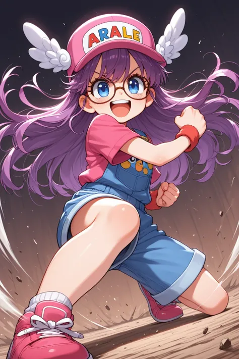 solo, 1girl, , arale facing below, punching the ground, dynamic pose,  with smiling brightly, 
