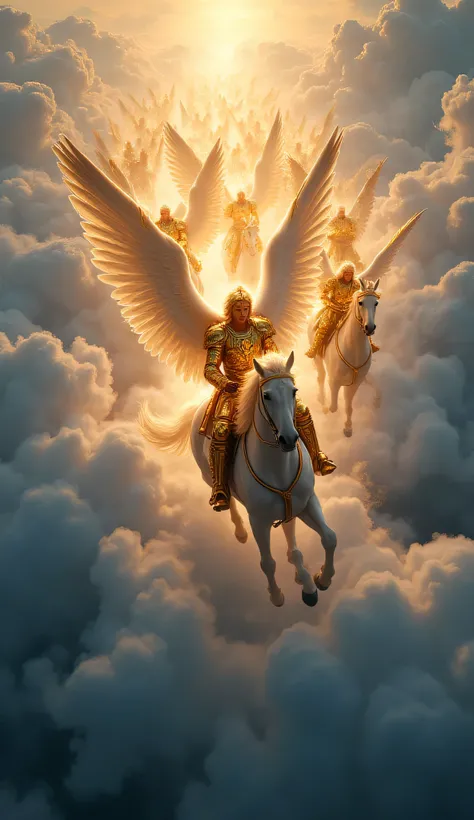 An epic aerial view shows an immense army of angels riding on majestic white horses, crossing a sea of dark blue and silver clouds. Each angel wears golden armor that shines with heavenly flashes, engraved with sacred symbols that reflect divine light. The...