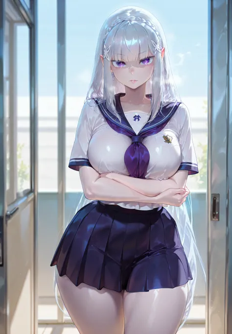 safe_pos, 1girl, Balecxi_Style, Emilia \(Re Zero)\, solo female, no background, day time, standing, big breasts, silver hair, long hair, purple eyes, curvy, thick thighs, long legs, school uniform, mini skirt, bare legs, elf, elf ears, white skin, pointy e...
