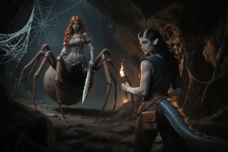 On the foreground, on the right,
1 character: ( dark blue-gray skin ), woman Kedra, (with dark blue-gray skin), Adult woman, 35 years old, fins on the head, horns, , there is a blue tunic on the body and loose black hair, hand bandages, medieval clothing,...