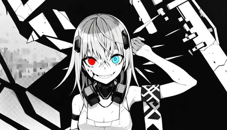 ((The background is a chaotic near-future dystopia、android))、masterpiece, Highest Quality, ((1 girl:The arrangement is centered)), ((A ruined city in the background))、Spikes, ((solo)), headphones , half of the face is a machine、Crazy smile, , spiked Color...