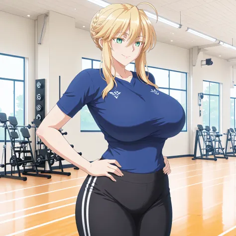 Artoria Pendragon Lancer, (a mature woman), anime style, blue sports shirt, black sports pants with white line, big curves, Smiling Kindly, looks directly at the spectator, blond hair moved smoothly in the breeze, modern gym, very detailed illustration, hi...