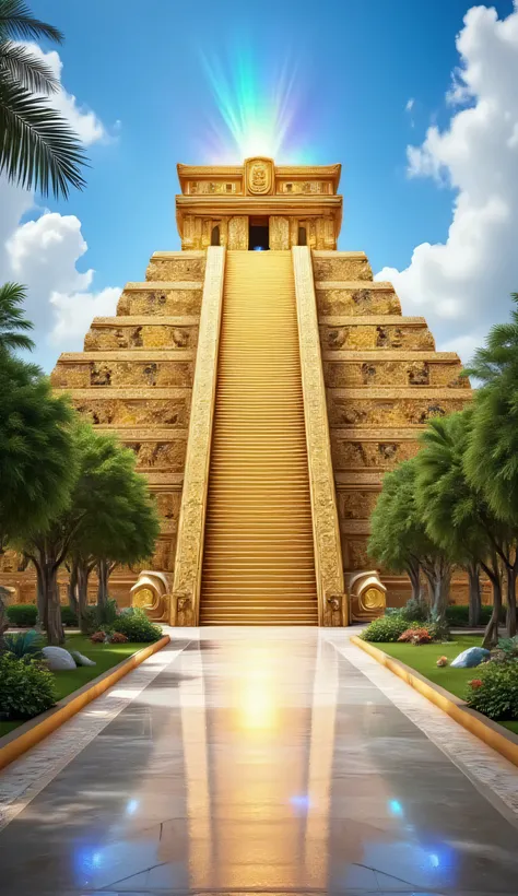 A detailed depiction of a golden Mayan pyramid during the peak of the Maya civilization, with the pyramid shimmering brightly in the sunlight. Surrounding the pyramid are paved marble streets, under a clear blue sky dotted with occasional white clouds, and...