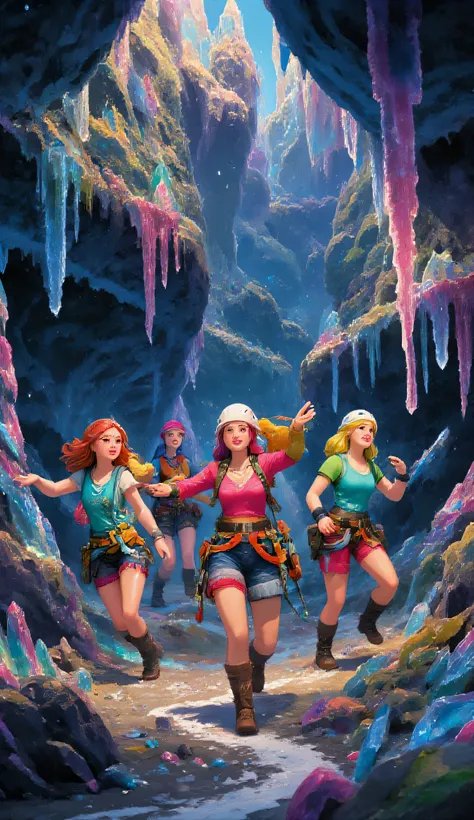 cave、illustration style、Girls' Only Expedition、Underground、adventure、High Quality、4K