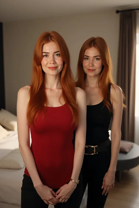 A photorealistic portrait of two young women in a stylish, modernen Raum. The first woman has long, straight red hair and wear a red tank top. She has fair skin, brown eyes and a soft smile, directed directly at the viewer. The second woman wears an elegan...