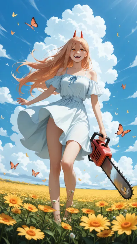 power (chainsaw man), Best quality, HIGH DEFINITION, summer, ((jump: 1.5)), bare shoulder dress, happy, (((flowers and butterflies in the field with blue sky and clouds))), masterpiece, Flying in the wind.