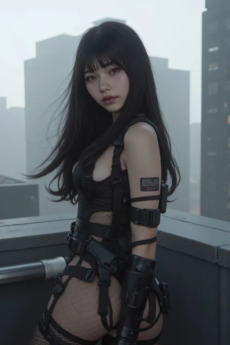 (((Rooftop of a foggy futuristic city:2.0))),(((HR Gigger Style Cyberpunk Atmosphere:2.0))),(((Side view from back:2.0))),(((looks back at the camera:2.0))),((looking back over the shoulder:2.0)),one woman,(cute faces getting creampied:2.0),(Beautiful well...