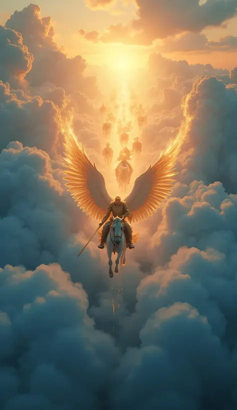 Prompt Optimizado:
Epic aerial view of millions of angels riding on white horses over a sea of dark blue clouds. bright golden armor, glowing outstretched wings, flaming swords and divine light illuminating the sky.  heavenly energy , majestic, cinematic a...