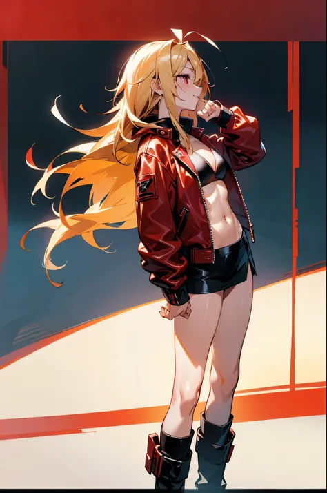 one woman、solo、Shiny blonde hair、straight long hair、Red eyes、Ahoge、big Smile、profile、Lean and muscular body、Wearing a red leather jacket、Inside the jacket is wearing a black sports bikini、Black mini skirt、Black boots、cinematic_angle、parted lips、standing