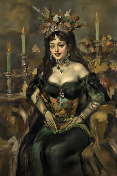 (Lors:#An oil painting)An oil painting inspired by Francisco Goya,  a striking female figure with an intricate and skeletal face and body creates a dramatic and surreal impression. Her skin is pale, almost ghostly, stretching over her boney body, while her...