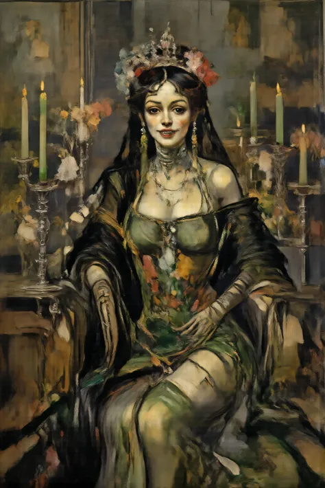 (Lors:#An oil painting)A tealistic oil painting with cinematic lighting and shadows, cinematic portrait, cinematic photography, realistic, a hyperrealistic female figure with an intricate and skeletal face and body creates a dramatic and surreal impression...