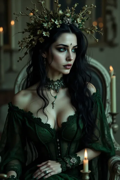 An ultra-realistic, photo-realistic, cinematic lighting and shadows, cinematic portrait, cinematic photography, realistic, hyperrealistic female figure with an intricate and skeletal face and body creates a dramatic and surreal impression. Her skin is pale...