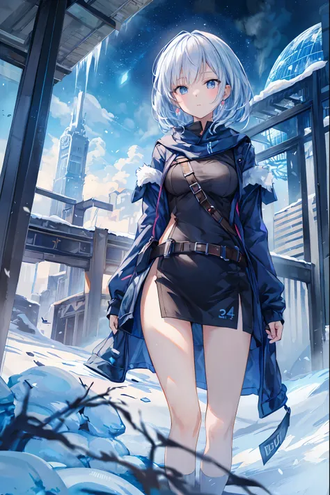 Time Traveler Girl,SPRING COAT, backpack on back,backpack is a time travel device,Misoperated,Ice Age,Frigid World,blizzard,Early Lady Fantasy,best quality,8K,HDR,UHD,live action style,vivid colors,High Contrast, Snow Scenery ,fantasy illustration,digital ...