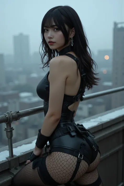 (((Rooftop of a foggy futuristic city:2.0))),(((HR Gigger Style Cyberpunk Atmosphere:2.0))),(((Side view from back:2.0))),(((looks back at the camera:2.0))),((looking back over the shoulder:2.0)),one woman,(cute faces getting creampied:2.0),(Beautiful well...