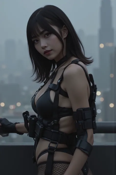 (((Rooftop of a foggy futuristic city:2.0))),(((HR Gigger Style Cyberpunk Atmosphere:2.0))),(((Side view from back:2.0))),(((looks back at the camera:2.0))),((looking back over the shoulder:2.0)),one woman,(cute faces getting creampied:2.0),(Beautiful well...