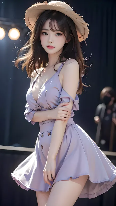 1 girl, 19 years old, ((city in Vietnam)), dark brown hair, purple eyes, hair ornament, ((cowboy photo)), ((Elegant woman dancing slowly on stage, body slightly bent forward, one hand reaching out into the distance as if touching memories, other hand cares...