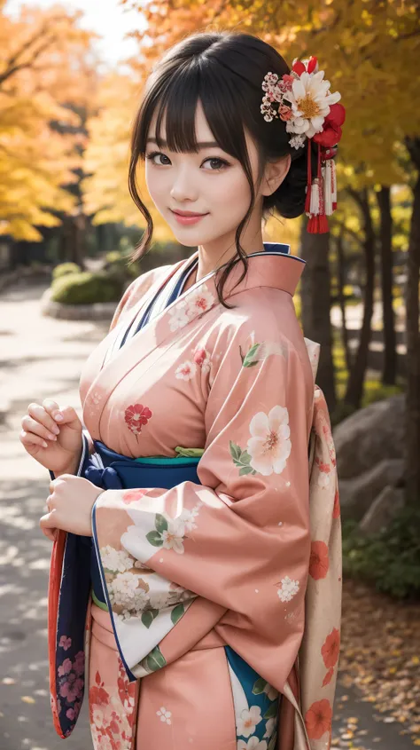 Beautiful Japanese kimono girl, sweet temptation, natural fleshy body, Japanese kimono, floral print, traditional hair arrangement, vivid makeup, thick eyebrows, sweet smile, refreshing in autumn sunshine, professional portrait photography, (daylight),