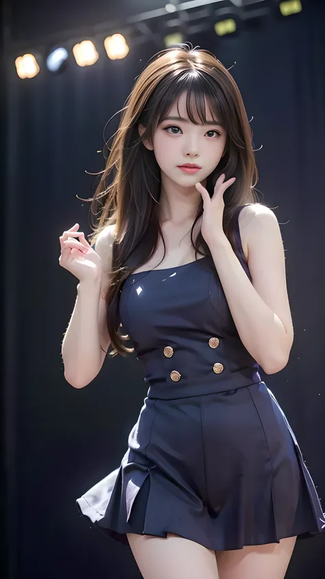 1 girl, 19 years old, ((city in Vietnam)), dark brown hair, purple eyes, hair ornament, ((cowboy photo)), ((Elegant woman dancing slowly on stage, body slightly bent forward, one hand reaching out into the distance as if touching memories, other hand cares...