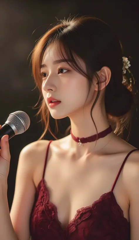 (masterpiece, best quality:1.2), giyeon_oc:1.2, solo, 1girl, pure and beautiful Koreans, raw (close to 3:4, ultra-high definition 8K photo), a portrait of unchanging beauty, a woman with subtle and elegant makeup, a burgundy thin lace string sleeveless dre...