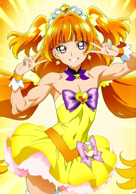 傑作、best quality、best resolution、best image quality、amazing quality、 very aesthetic、 absurdres、anime coloring、anime screencap、anime screenshot、1boy、cure twinkle is a boy warrior、(male:1.6)、official anime style、boy is wearing a yellow strapless dress、orange ...